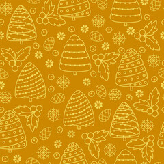 Golden colors abstract hand drawn Christmas forest seamless pattern . Winter theme pattern for backdrop, background, template, print, textile, wrapping paper