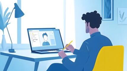 An icon of an employee sitting at their desk, using graphic design software on the computer to create flat illustrations in blue and yellow tones