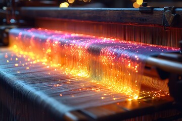 Silk weaving progress on a traditional loom with vibrant patterns emerging from bright silk threads illuminated by soft light