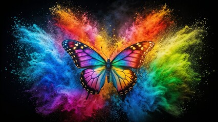 Rainbow Holi Powder Explosion Creating the Delicate Shape of a Butterfly Mid-Flight with Vibrant Wings Spread Wide