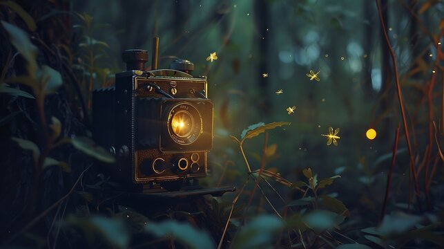 A antique camera lighted by a firefly in a poorly lit woodland