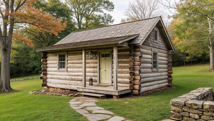 Rustic, single-story log cabin situated in a serene, wooded area. The cabin is constructed from weathered wooden logs, with a shingled roof and a small porch. 