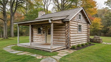 Rustic, single-story log cabin situated in a serene, wooded area. The cabin is constructed from weathered wooden logs, with a shingled roof and a small porch. 