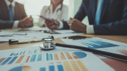 Medical Investment Strategy - Stethoscope and financial charts on a business meeting table, surrounded by medical professionals and investors.