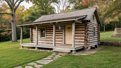 Fototapeta premium Rustic, single-story log cabin situated in a serene, wooded area. The cabin is constructed from weathered wooden logs, with a shingled roof and a small porch. 
