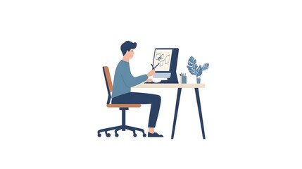 An icon of an employee sitting at their desk, using graphic design software on the computer to create flat illustrations in blue and yellow tones