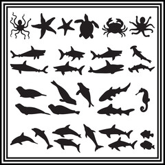 Marine animals silhouette, collection of sea animals silhouette

