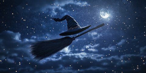 Fototapeta premium A witch's hat and broom are silhouetted against a starry night sky, illuminated by a bright moon, evoking a magical and mysterious atmosphere.