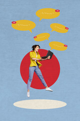Vertical poster collage young amazed girl jump laptop social media communication replies messages...