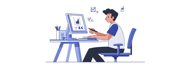 An icon of an employee sitting at their desk, using graphic design software on the computer to create flat illustrations in blue and yellow tones