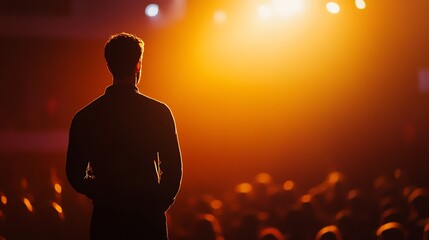 A man stands in silhouette on a stage with lights shining on him.