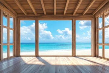 Empty beach house interior with ocean view facing beach
