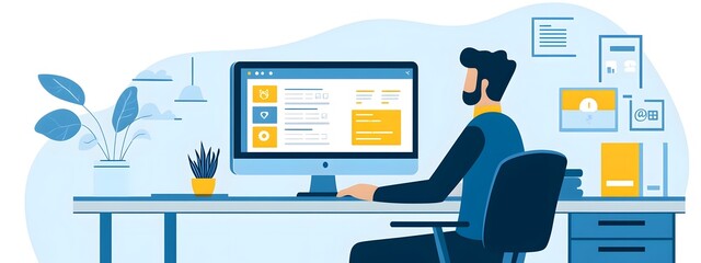 An icon of an employee sitting at their desk, using graphic design software on the computer to create flat illustrations in blue and yellow tones