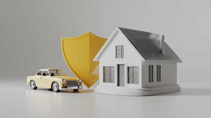 Protective Shield with Miniature House and Car - Home and Auto Insurance Concept