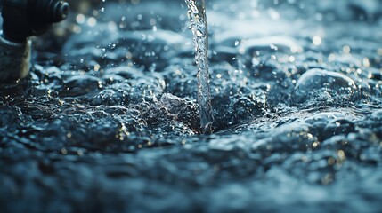 Clear Water Flowing from Tap into Sullied Surface