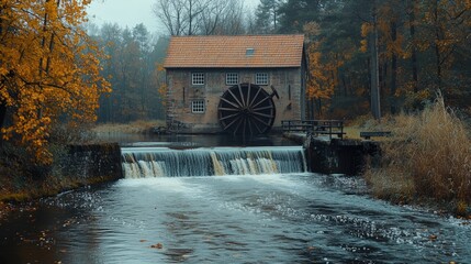 Fototapeta premium Serene Watermill Along a Flowing River