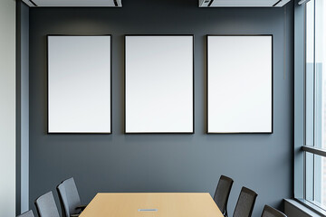 Three white mockup posters on the wall in office, gray background. AI generation