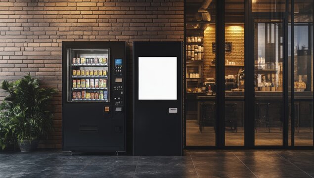 modern vending machine with blank white screen mockup next to coffee shop