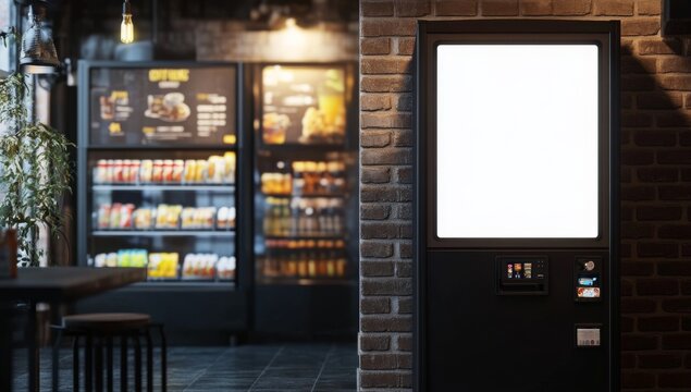 modern black vending machine with blank white screen mockup next to cafe