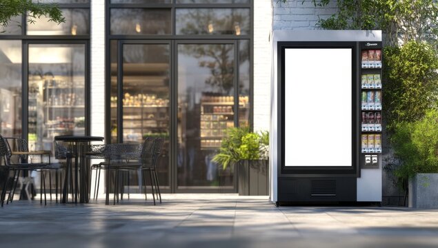 modern black vending machine with blank white screen mockup next to coffee shop