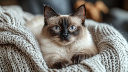 A Siamese cat with striking blue eyes rests comfortably on a soft, knitted recliner made of yarn, enjoying a peaceful moment indoors against a dark backdrop.