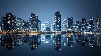 Naklejka premium Night Scene of Urban Cityscape with Reflections