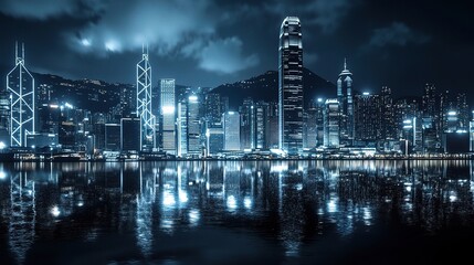 Fototapeta premium Nighttime Cityscape Reflection Over Water
