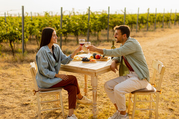 Romantic picnic in a sunlit vineyard featuring a couple enjoying wine and a gourmet platter among the vines during golden hour