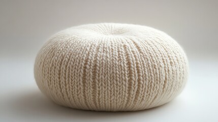This cream-colored pouf, crafted from large soft yarn, offers a stylish seating option that enhances any living space with its cozy design and aesthetic appeal.