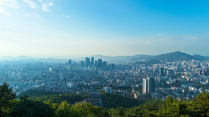 Obraz premium A panoramic view of a city skyline with a tall tower in the distance.