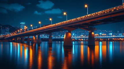 Fototapeta premium A long exposure shot of a bridge with car headlights streaking through the city at sunset.