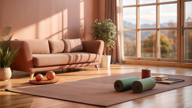 Home workout space with yoga mats, cozy sofa, and natural light from large windows