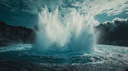 Obraz premium Erupting Geyser with Water and Steam Burst