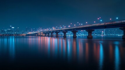 Fototapeta premium A long exposure shot of a bridge with car headlights streaking through the city at sunset.