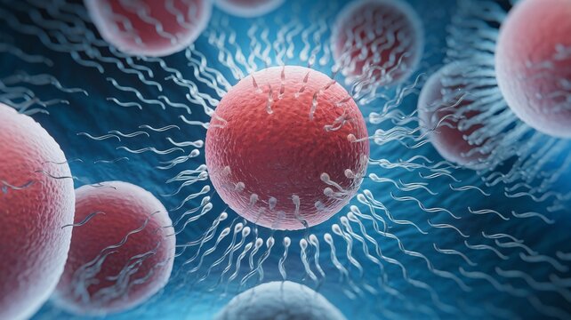 3D Render of a Biological Scene with Central Ovum Surrounded by Sperm Cells, Set Against a Blue Gradient Background
