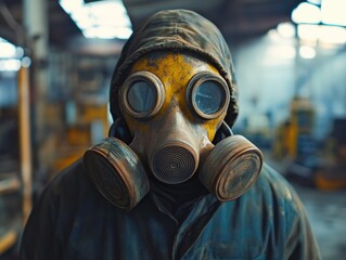 Man Wearing Gas Mask in Warehouse