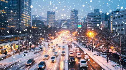 A city street covered in snow with cars driving down the road and buildings in the background.