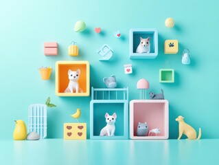 Rescue pets in cozy shelter, adoption event, 3D illustration