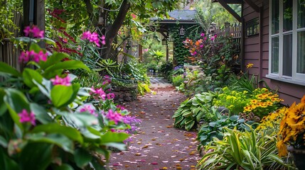 Obraz premium A beautiful garden walk flanked by colorful plants and greenery
