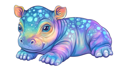 A colorful, artistic depiction of a baby hippo featuring vibrant hues and whimsical, bubble-like patterns against a black background.