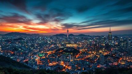 Fototapeta premium A panoramic view of a city at sunset with a tower in the distance.