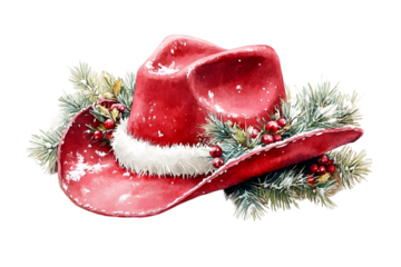 A festive red cowboy hat adorned with greenery, berries, and a snowy finish, perfect for holiday celebrations and winter-themed decorations.