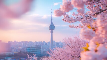 A view of a city skyline with a tall tower and cherry blossom trees in the foreground.