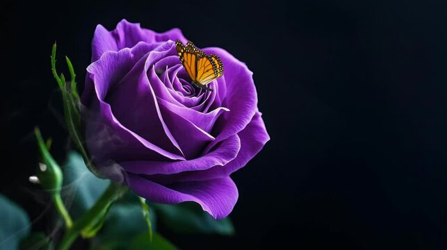 a purple rose covered in butterflies that is very beautiful and enchanting. seamless looping time-lapse virtual 4k video Animation Background.	