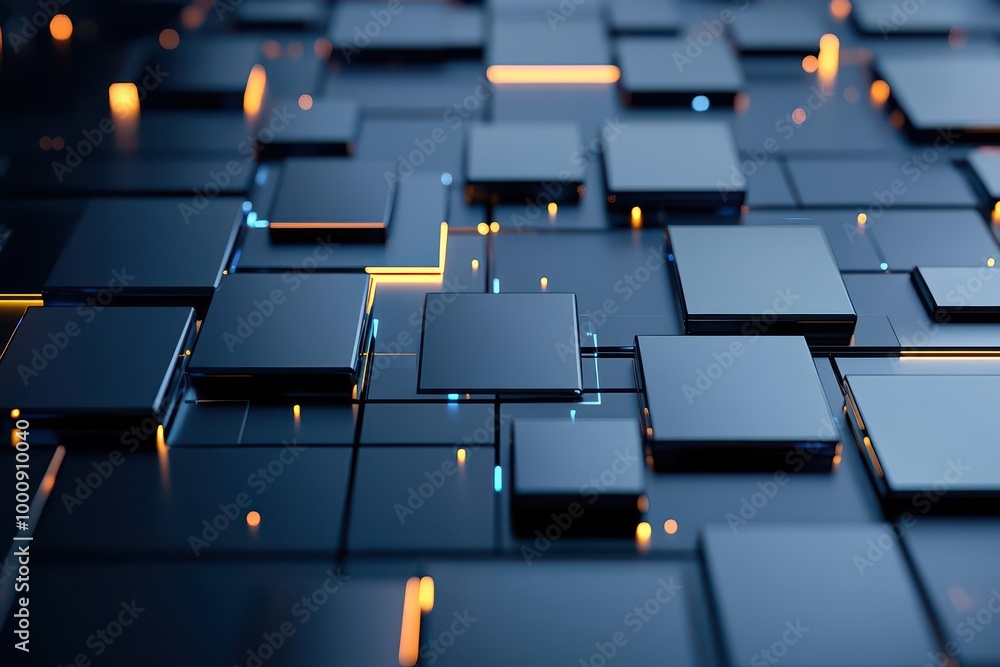 Poster metallic squares with smooth reflective surfaces, illuminated edges, dark techinspired background, m