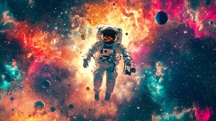 Astronaut floats in a vivid, colorful cosmic setting with stars, planets, and dynamic gas formations.