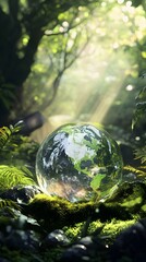 A glass globe rests on green moss, surrounded by lush plants and sunlight filtering through the leaves