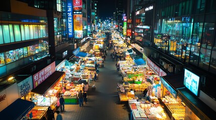 Obraz premium A night market in Korea with food stalls and people walking around.