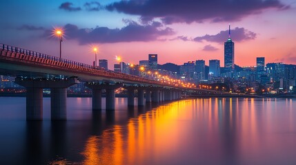 A long exposure shot of a bridge with car headlights streaking through the city at sunset.