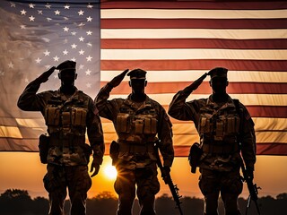 A soldier saluting in front of an American flag. The American flag with its red and white stripes and white stars on a blue field fills the background, symbolizing patriotism.